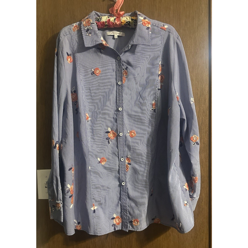 Foxcroft 20W Womens button blue white stripped flower embroidered Career Grandma